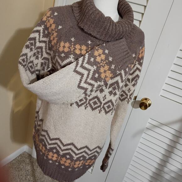 Becool Women's Fair Isle  M/L Cream/Taupe Cowl Neck Ski Style Tunic Sweater - Picture 6 of 12